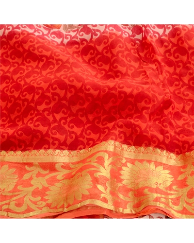 Sanskriti Vintage Sarees Red Blend Georgette Printed Zari Border Sari 5Yd Fabric, PRG-12108-Red-Printed Floral Design-Blend Georgette-6