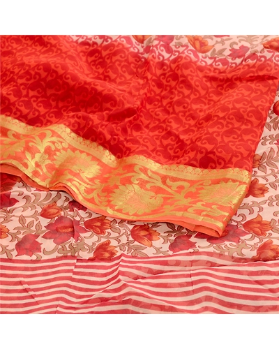 Sanskriti Vintage Sarees Red Blend Georgette Printed Zari Border Sari 5Yd Fabric, PRG-12108-Red-Printed Floral Design-Blend Georgette-7