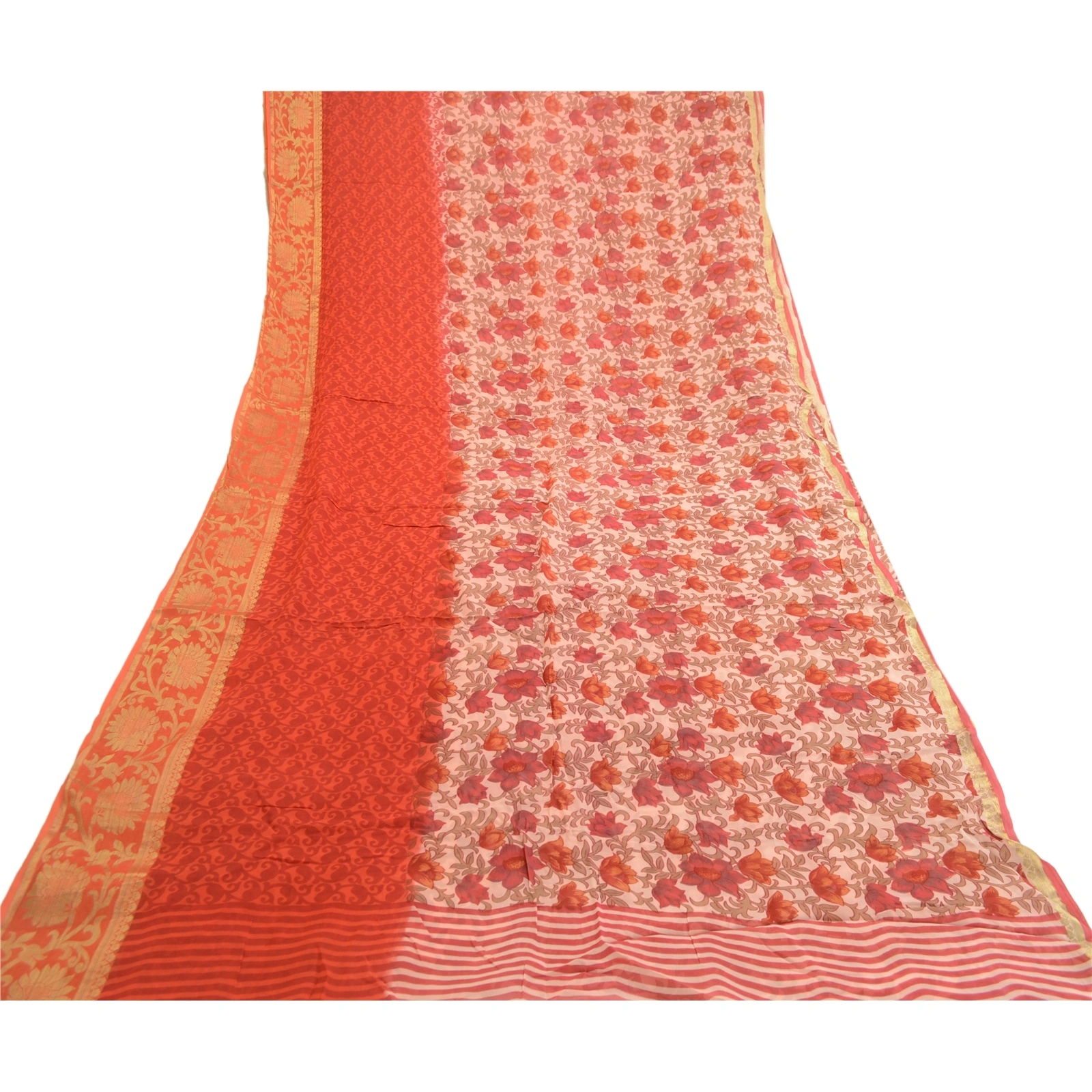 Sanskriti Vintage Sarees Red Blend Georgette Printed Zari Border Sari 5Yd Fabric, PRG-12108-Red-Printed Floral Design-Blend Georgette-8