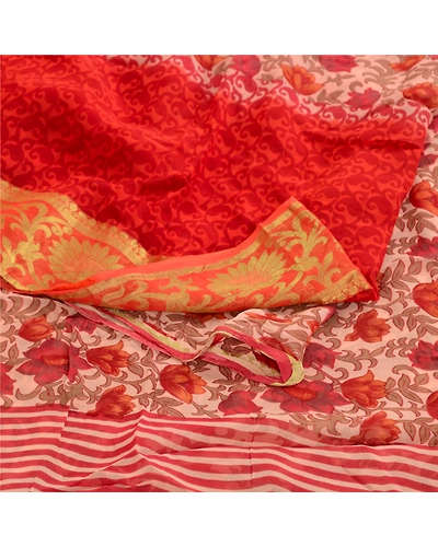 Sanskriti Vintage Sarees Red Blend Georgette Printed Zari Border Sari 5Yd Fabric, PRG-12108-Red-Printed Floral Design-Blend Georgette-9