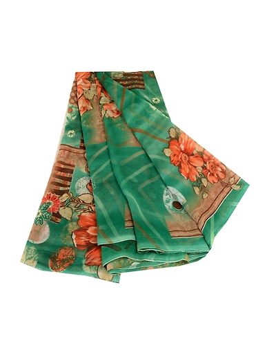Sanskriti Vintage Sarees From India Green Georgette Printed Sari Craft Fabric, PRG-12110-Green-Printed Floral Design-Poly Georgette-2