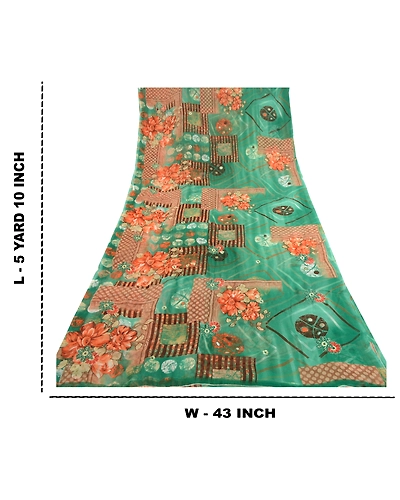 Sanskriti Vintage Sarees From India Green Georgette Printed Sari Craft Fabric, PRG-12110-Green-Printed Floral Design-Poly Georgette-3