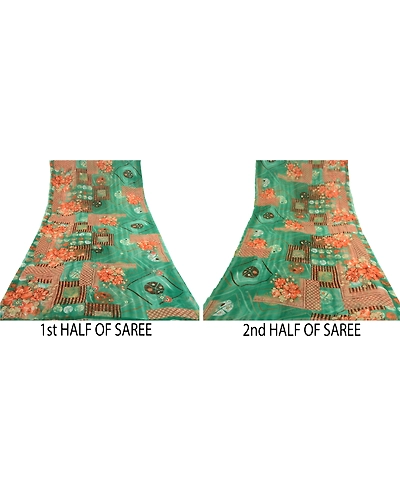 Sanskriti Vintage Sarees From India Green Georgette Printed Sari Craft Fabric, PRG-12110-Green-Printed Floral Design-Poly Georgette-5