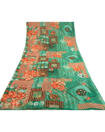 Sanskriti Vintage Sarees From India Green Georgette Printed Sari Craft Fabric, PRG-12110-Green-Printed Floral Design-Poly Georgette-8