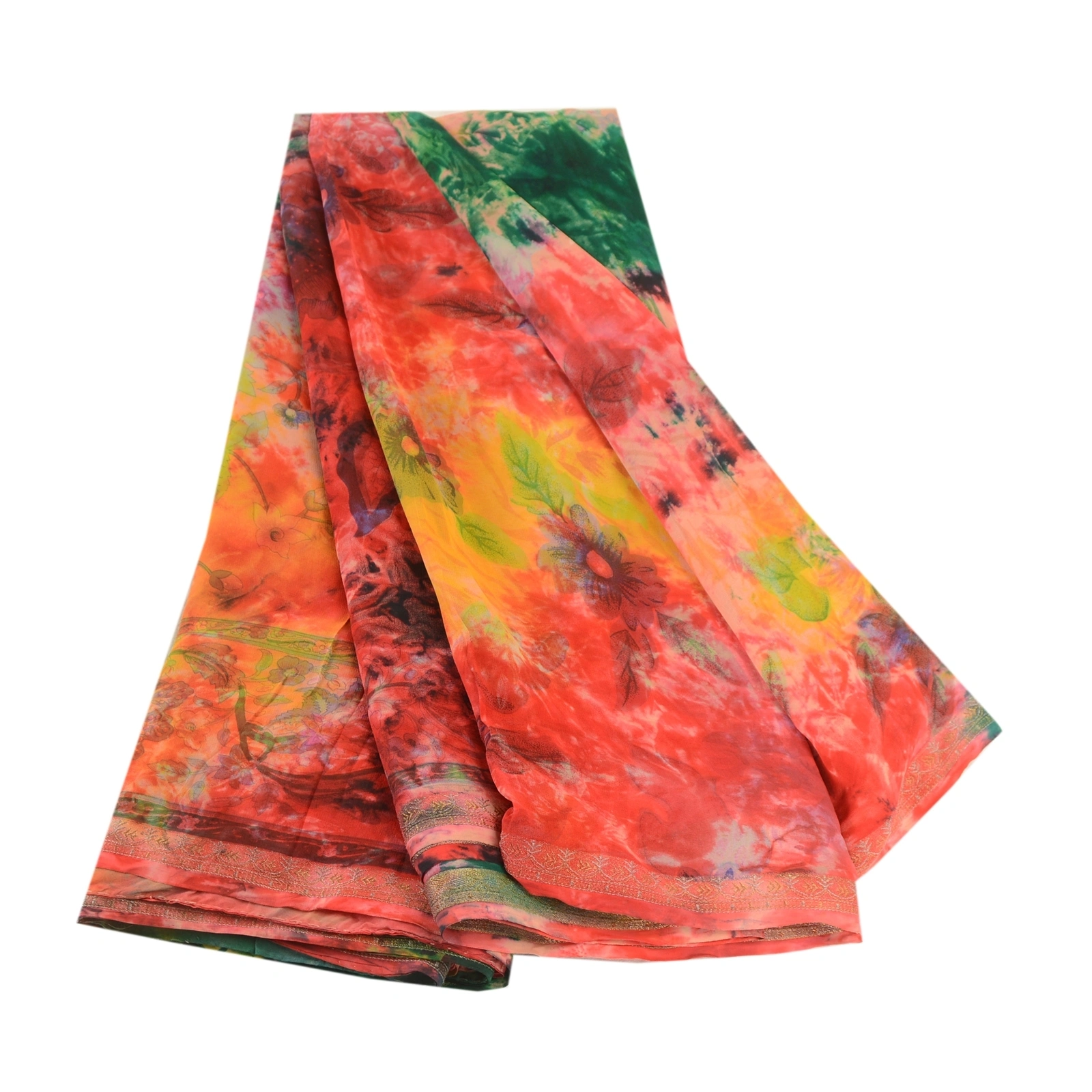 Sanskriti Vintage Sarees Tie-Dye Pure Georgette Silk Zari Border Sari 5Yd Fabric, PRG-12124-Multi-Tie-Dye Work-Pure Georgette Silk-2