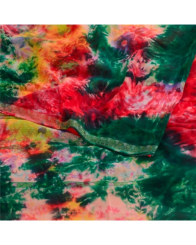 Sanskriti Vintage Sarees Tie-Dye Pure Georgette Silk Zari Border Sari 5Yd Fabric, PRG-12124-Multi-Tie-Dye Work-Pure Georgette Silk-7