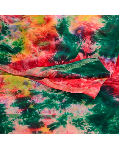 Sanskriti Vintage Sarees Tie-Dye Pure Georgette Silk Zari Border Sari 5Yd Fabric, PRG-12124-Multi-Tie-Dye Work-Pure Georgette Silk-9