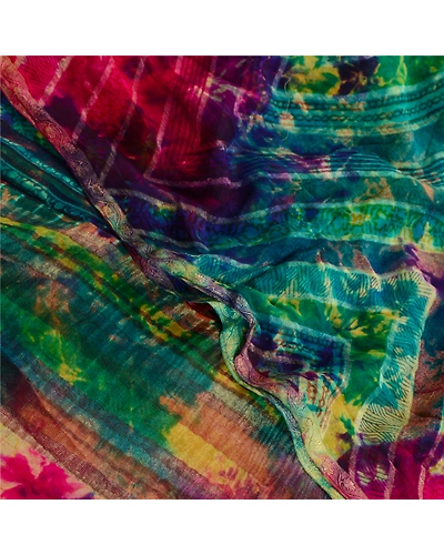 Sanskriti Vintage Sarees Tie-Dye Pure Georgette Silk Zari Border Sari 5Yd Fabric, PRG-12128-Multi-Tie-Dye Work-Pure Georgette Silk-1