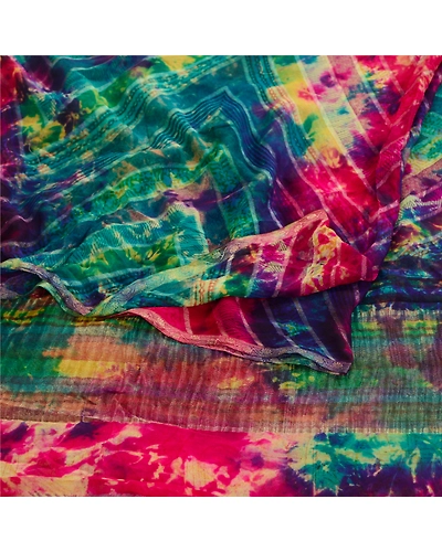 Sanskriti Vintage Sarees Tie-Dye Pure Georgette Silk Zari Border Sari 5Yd Fabric, PRG-12128-Multi-Tie-Dye Work-Pure Georgette Silk-7