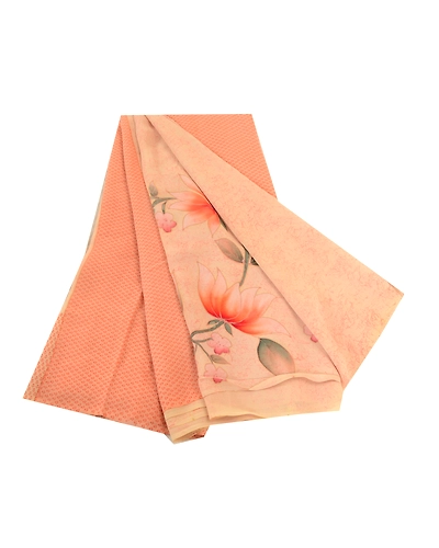 Sanskriti Vintage Saree Peach Pure Georgette Silk Printed Sari 5Yd Craft Fabric, PRG-12149-Peach-Printed Floral Design-Pure Georgette Silk-2