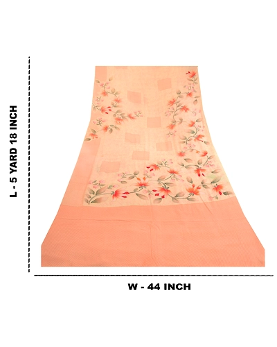 Sanskriti Vintage Saree Peach Pure Georgette Silk Printed Sari 5Yd Craft Fabric, PRG-12149-Peach-Printed Floral Design-Pure Georgette Silk-4