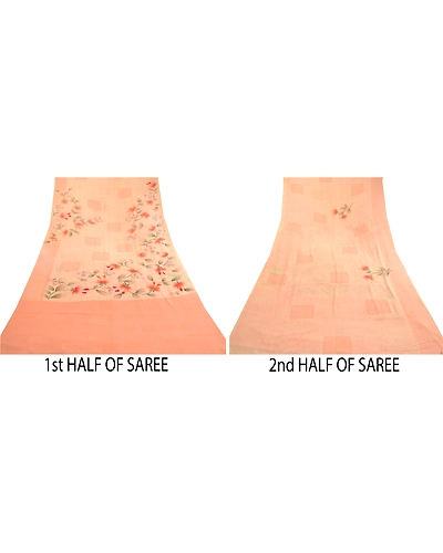 Sanskriti Vintage Saree Peach Pure Georgette Silk Printed Sari 5Yd Craft Fabric, PRG-12149-Peach-Printed Floral Design-Pure Georgette Silk-6