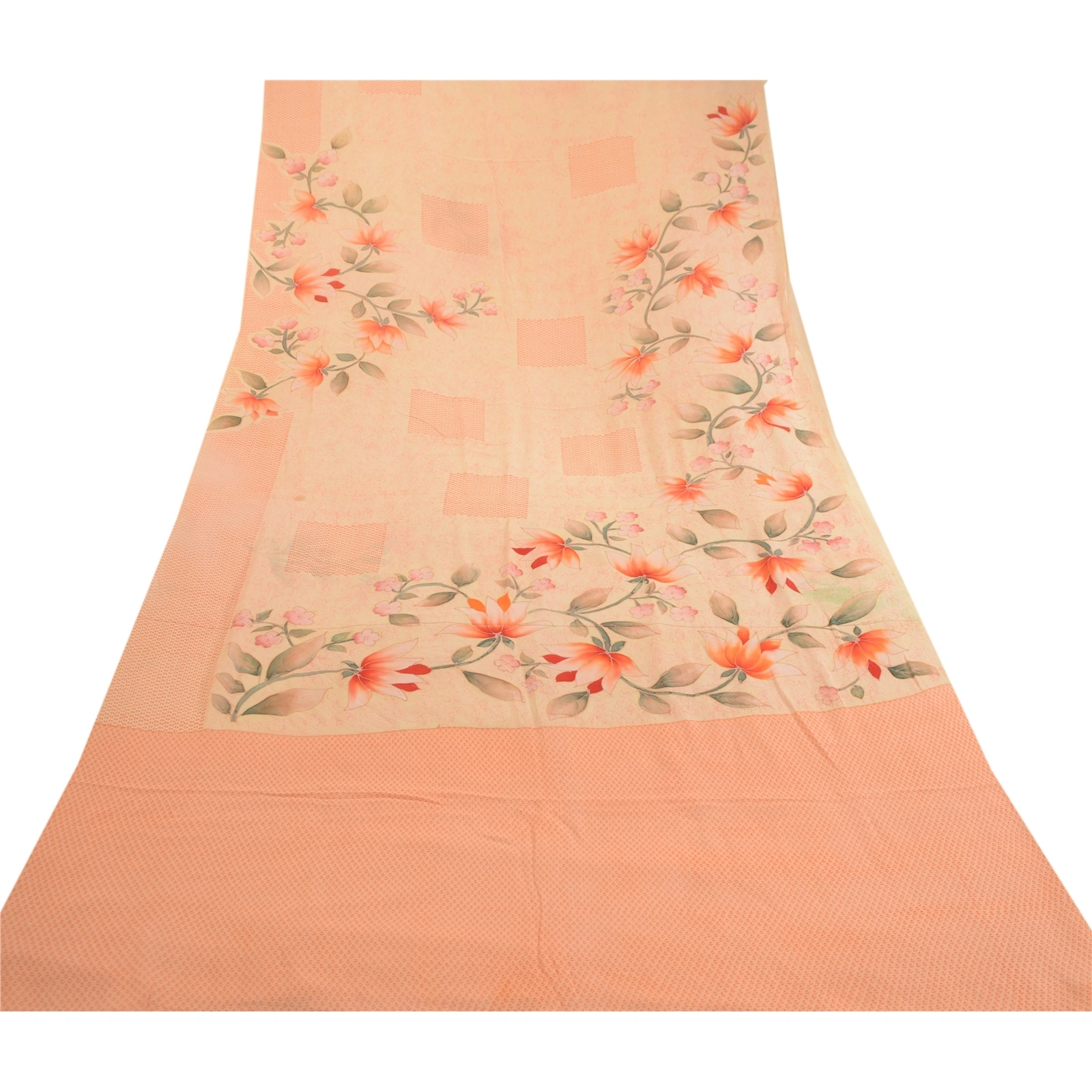 Sanskriti Vintage Saree Peach Pure Georgette Silk Printed Sari 5Yd Craft Fabric, PRG-12149-Peach-Printed Floral Design-Pure Georgette Silk-9