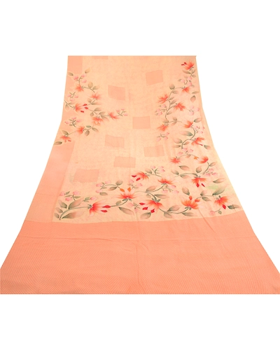 Sanskriti Vintage Saree Peach Pure Georgette Silk Printed Sari 5Yd Craft Fabric, PRG-12149-Peach-Printed Floral Design-Pure Georgette Silk-9