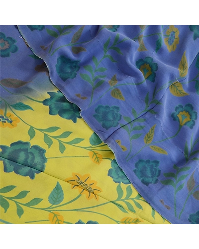 Sanskriti Vintage Saree Green Pure Georgette Silk Printed Sari 5Yd Craft Fabric, PRG-12155-Green-Printed Floral Design-Pure Georgette Silk-1