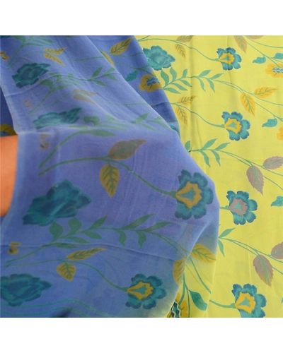Sanskriti Vintage Saree Green Pure Georgette Silk Printed Sari 5Yd Craft Fabric, PRG-12155-Green-Printed Floral Design-Pure Georgette Silk-4