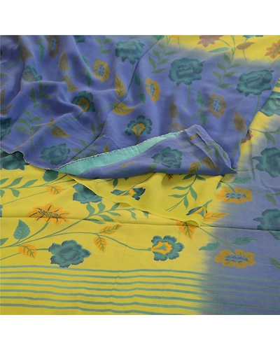 Sanskriti Vintage Saree Green Pure Georgette Silk Printed Sari 5Yd Craft Fabric, PRG-12155-Green-Printed Floral Design-Pure Georgette Silk-9