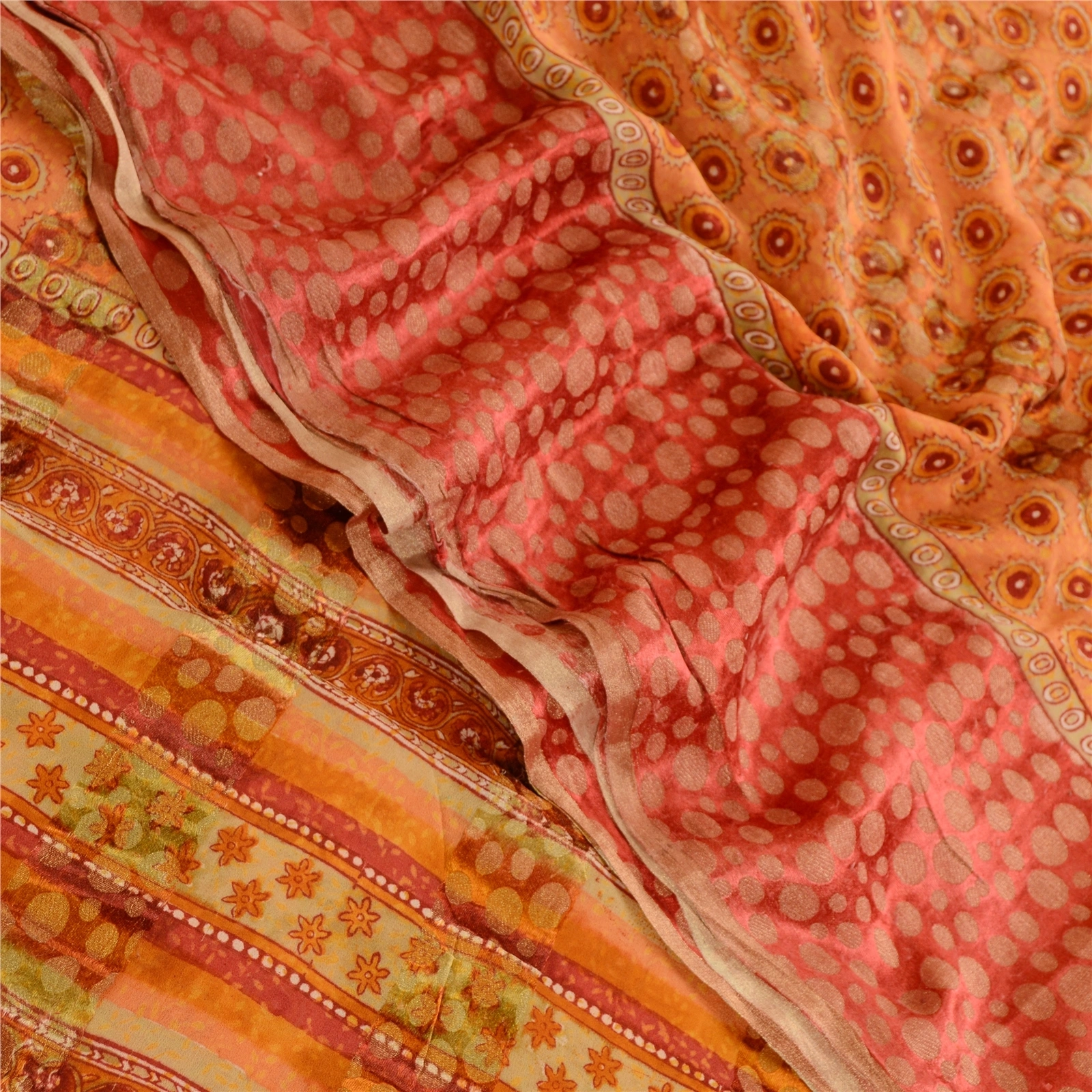 Sanskriti Vintage Saree Orange Pure Georgette Silk Printed Woven Sari 5Yd Fabric, PRG-12156-Orange-Printed Floral Design-Pure Georgette Silk-1