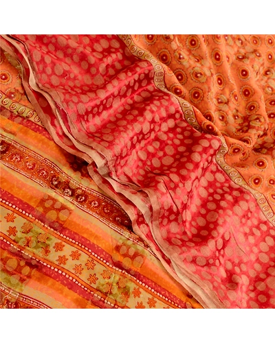 Sanskriti Vintage Saree Orange Pure Georgette Silk Printed Woven Sari 5Yd Fabric, PRG-12156-Orange-Printed Floral Design-Pure Georgette Silk-1