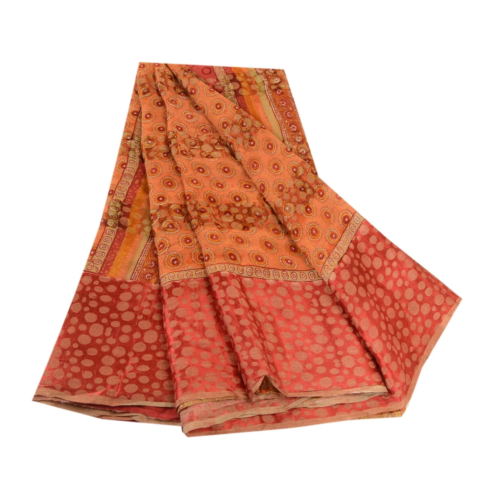 Sanskriti Vintage Saree Orange Pure Georgette Silk Printed Woven Sari 5Yd Fabric, PRG-12156-Orange-Printed Floral Design-Pure Georgette Silk-2