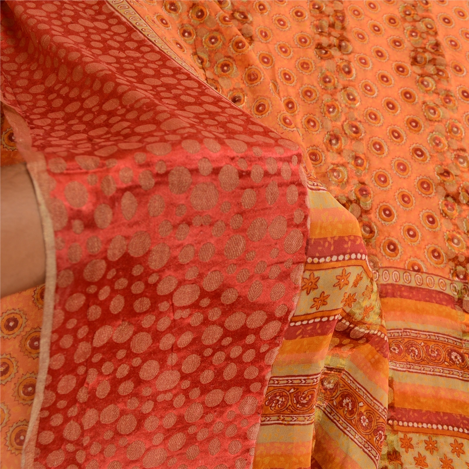 Sanskriti Vintage Saree Orange Pure Georgette Silk Printed Woven Sari 5Yd Fabric, PRG-12156-Orange-Printed Floral Design-Pure Georgette Silk-4