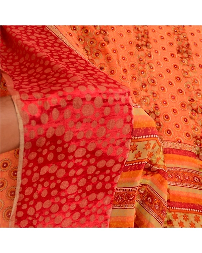 Sanskriti Vintage Saree Orange Pure Georgette Silk Printed Woven Sari 5Yd Fabric, PRG-12156-Orange-Printed Floral Design-Pure Georgette Silk-4