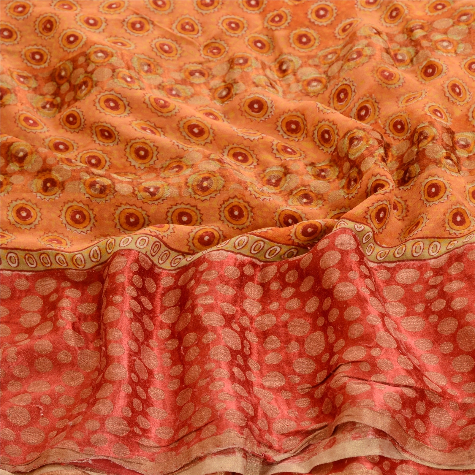 Sanskriti Vintage Saree Orange Pure Georgette Silk Printed Woven Sari 5Yd Fabric, PRG-12156-Orange-Printed Floral Design-Pure Georgette Silk-6