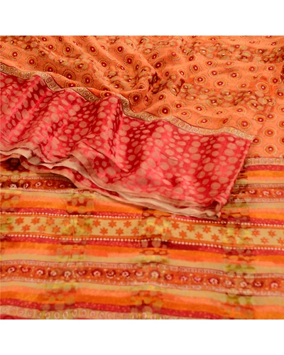 Sanskriti Vintage Saree Orange Pure Georgette Silk Printed Woven Sari 5Yd Fabric, PRG-12156-Orange-Printed Floral Design-Pure Georgette Silk-7