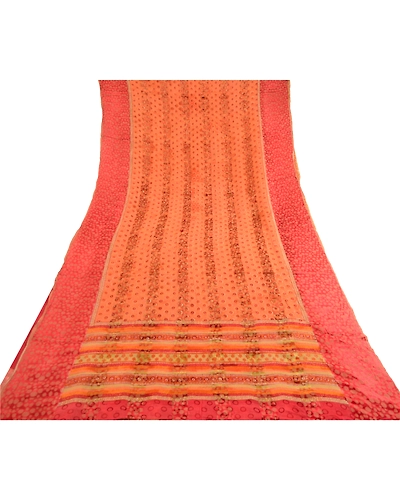 Sanskriti Vintage Saree Orange Pure Georgette Silk Printed Woven Sari 5Yd Fabric, PRG-12156-Orange-Printed Floral Design-Pure Georgette Silk-8