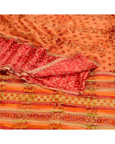 Sanskriti Vintage Saree Orange Pure Georgette Silk Printed Woven Sari 5Yd Fabric, PRG-12156-Orange-Printed Floral Design-Pure Georgette Silk-9