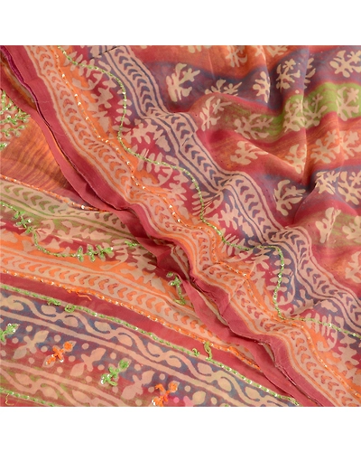 Sanskriti Vintage Saree Multi Hand Beaded Pure Georgette Silk Sari Craft Fabric, PRG-12187-Multi-Printed Floral Design-Pure Georgette Silk-1