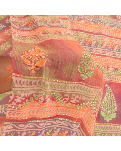 Sanskriti Vintage Saree Multi Hand Beaded Pure Georgette Silk Sari Craft Fabric, PRG-12187-Multi-Printed Floral Design-Pure Georgette Silk-4