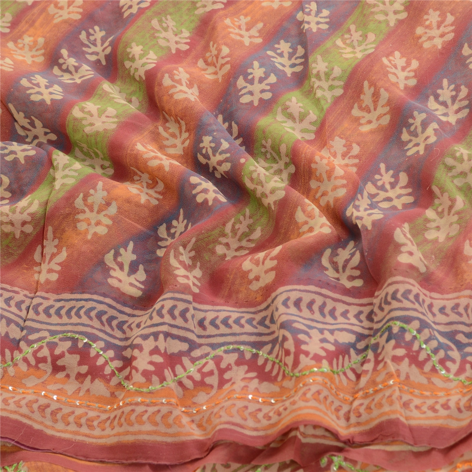 Sanskriti Vintage Saree Multi Hand Beaded Pure Georgette Silk Sari Craft Fabric, PRG-12187-Multi-Printed Floral Design-Pure Georgette Silk-6