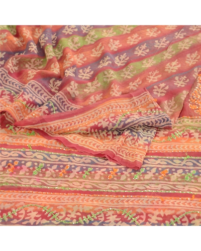 Sanskriti Vintage Saree Multi Hand Beaded Pure Georgette Silk Sari Craft Fabric, PRG-12187-Multi-Printed Floral Design-Pure Georgette Silk-9