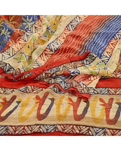 Sanskriti Vintage Saree Red Pure Georgette Silk Printed Sari 5Yd Craft Fabric, PRG-12200-Red-Printed Floral Design-Pure Georgette Silk-7