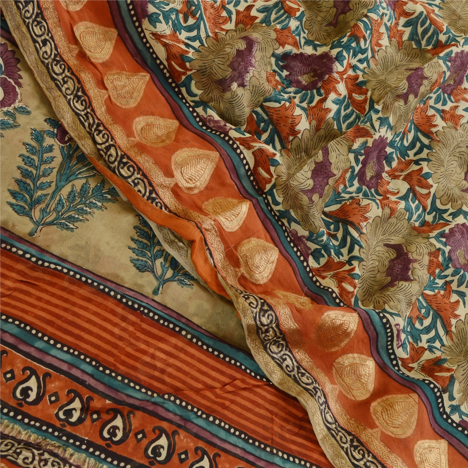 Sanskriti Vintage Saree Multi Pure Georgette Silk Print Zari Work Sari Fabric, PRG-12212-Multi-Printed Floral Design-Pure Georgette Silk-1