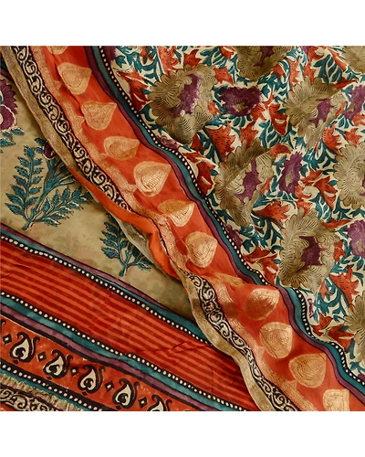Sanskriti Vintage Saree Multi Pure Georgette Silk Print Zari Work Sari Fabric, PRG-12212-Multi-Printed Floral Design-Pure Georgette Silk-1