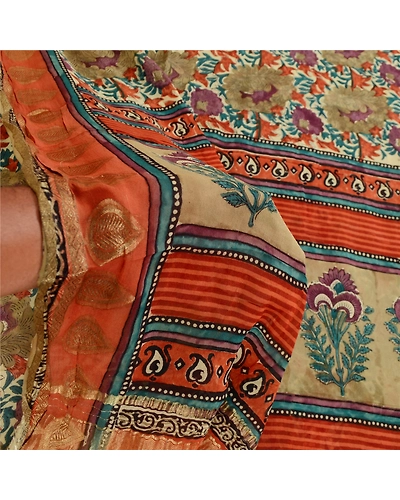 Sanskriti Vintage Saree Multi Pure Georgette Silk Print Zari Work Sari Fabric, PRG-12212-Multi-Printed Floral Design-Pure Georgette Silk-4
