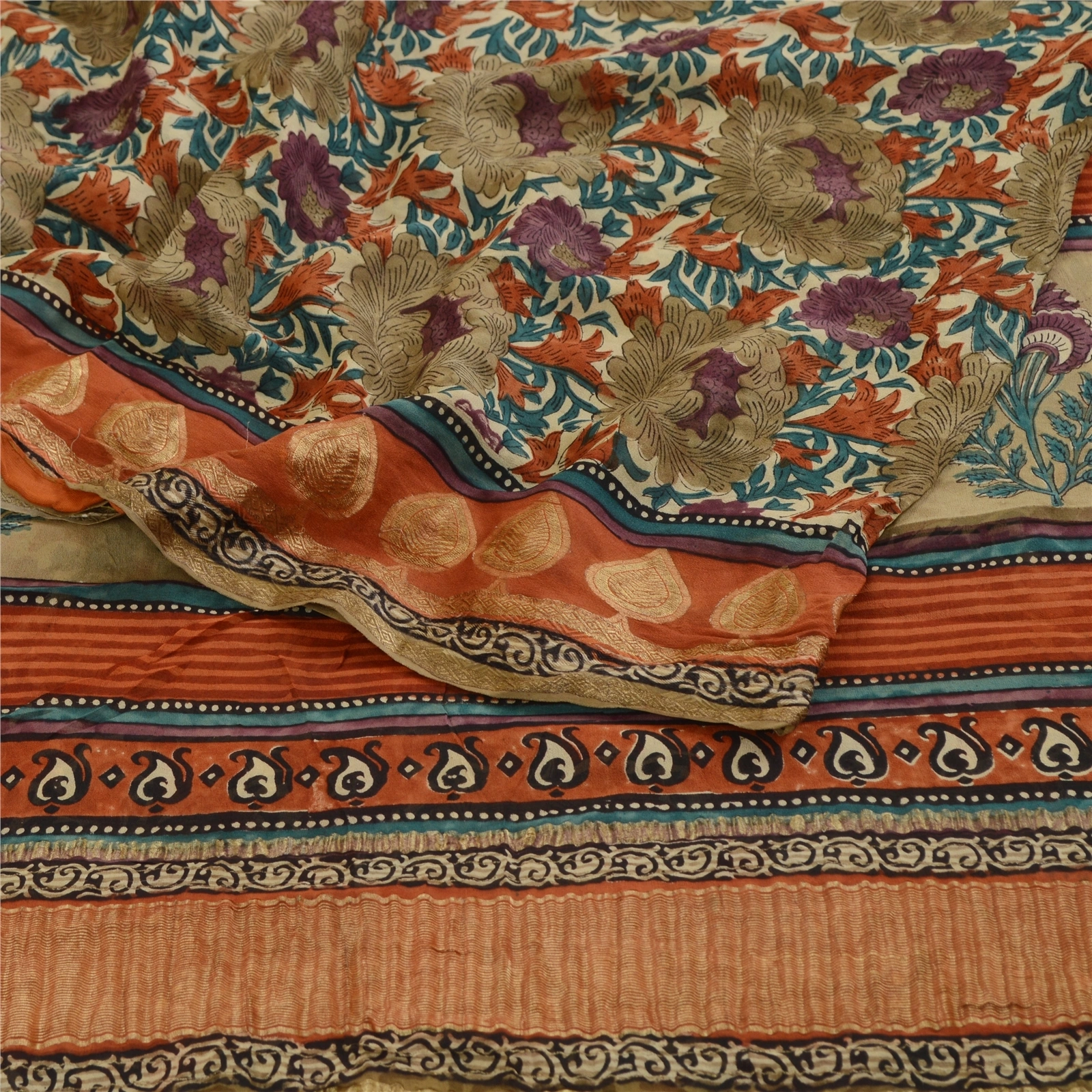 Sanskriti Vintage Saree Multi Pure Georgette Silk Print Zari Work Sari Fabric, PRG-12212-Multi-Printed Floral Design-Pure Georgette Silk-7