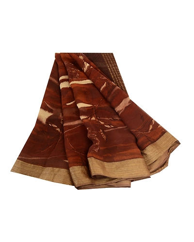 Sanskriti Vintage Saree Brown Pure Georgette Silk Print Zari Border Sari Fabric, PRG-12215-Brown-Printed Floral Design-Pure Georgette Silk-2
