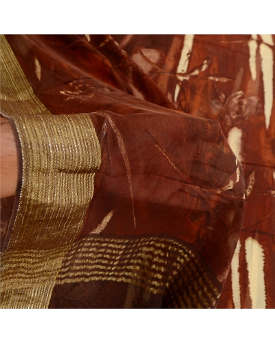 Sanskriti Vintage Saree Brown Pure Georgette Silk Print Zari Border Sari Fabric, PRG-12215-Brown-Printed Floral Design-Pure Georgette Silk-4