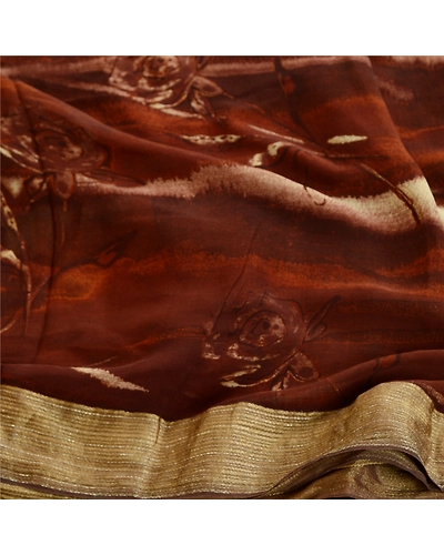 Sanskriti Vintage Saree Brown Pure Georgette Silk Print Zari Border Sari Fabric, PRG-12215-Brown-Printed Floral Design-Pure Georgette Silk-6