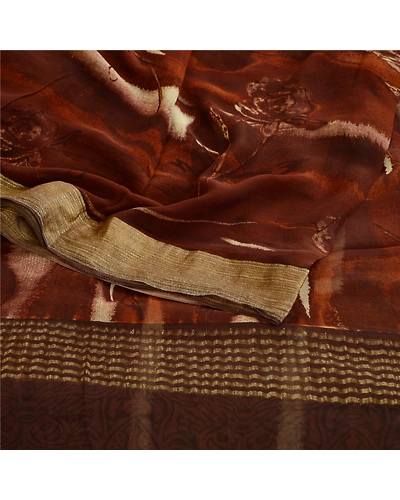 Sanskriti Vintage Saree Brown Pure Georgette Silk Print Zari Border Sari Fabric, PRG-12215-Brown-Printed Floral Design-Pure Georgette Silk-7