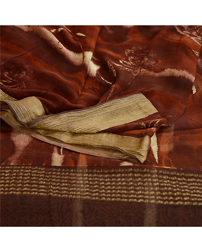 Sanskriti Vintage Saree Brown Pure Georgette Silk Print Zari Border Sari Fabric, PRG-12215-Brown-Printed Floral Design-Pure Georgette Silk-9