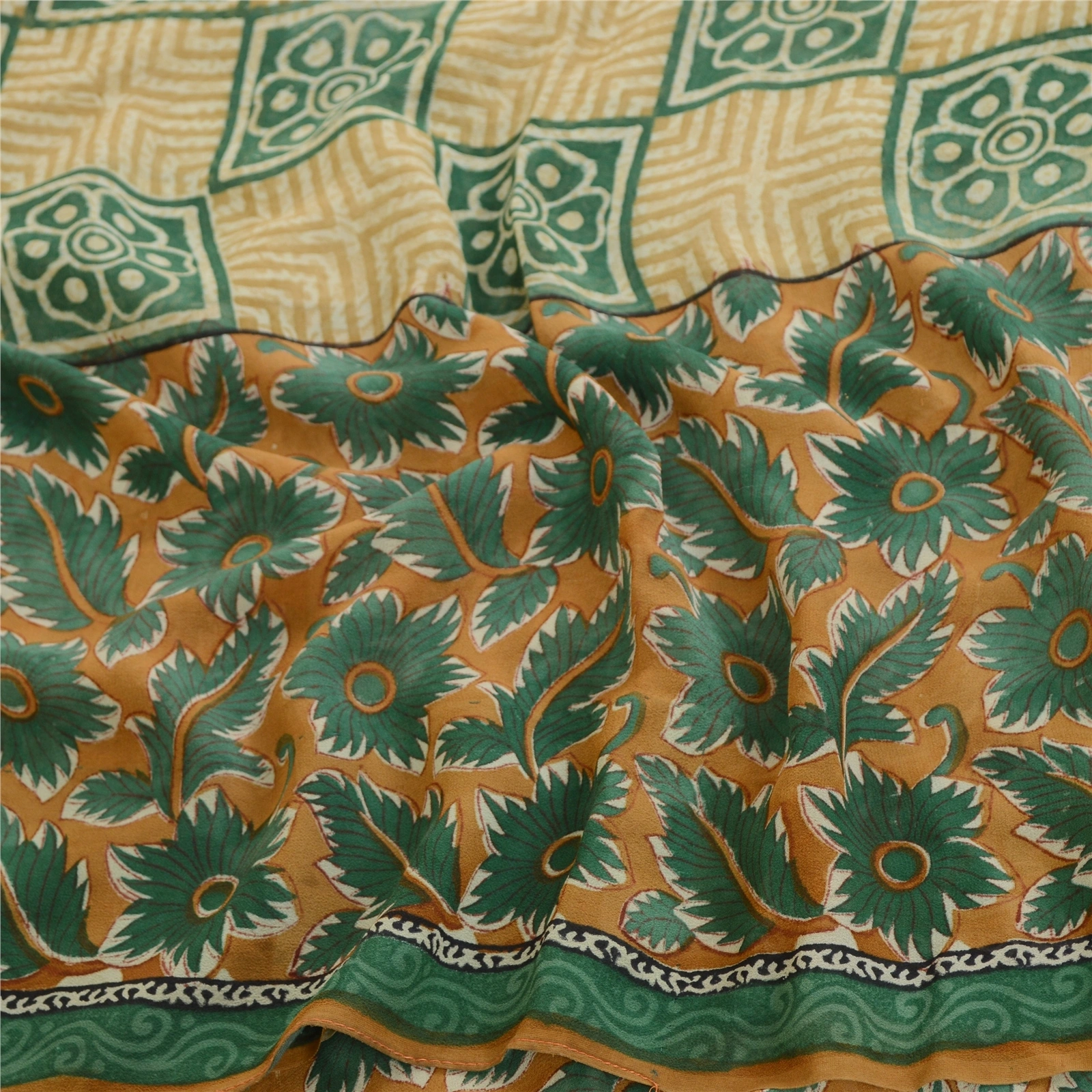 Sanskriti Vintage Saree Green Pure Georgette Silk Printed Sari Craft Soft Fabric, PRG-12219-Green-Printed Floral Design-Pure Georgette Silk-6