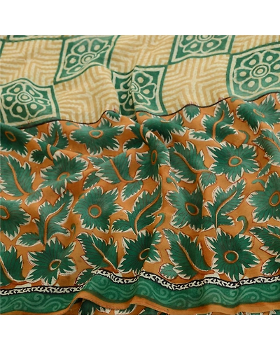 Sanskriti Vintage Saree Green Pure Georgette Silk Printed Sari Craft Soft Fabric, PRG-12219-Green-Printed Floral Design-Pure Georgette Silk-6