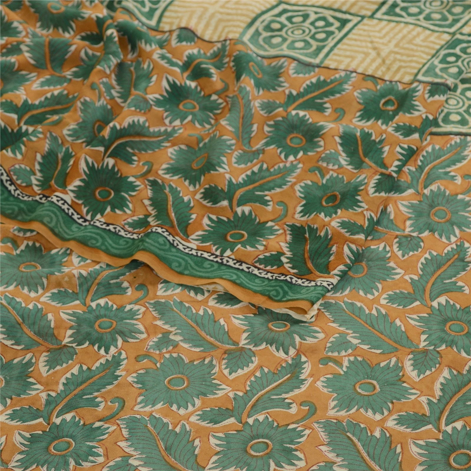 Sanskriti Vintage Saree Green Pure Georgette Silk Printed Sari Craft Soft Fabric, PRG-12219-Green-Printed Floral Design-Pure Georgette Silk-7