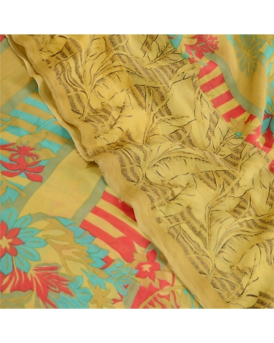Sanskriti Vintage Saree Green Pure Georgette Silk Printed Sari 5Yd Craft Fabric, PRG-12224-Green-Printed Floral Design-Pure Georgette Silk-1
