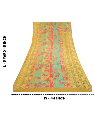 Sanskriti Vintage Saree Green Pure Georgette Silk Printed Sari 5Yd Craft Fabric, PRG-12224-Green-Printed Floral Design-Pure Georgette Silk-3