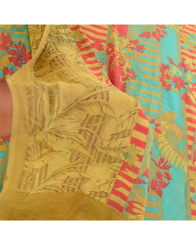 Sanskriti Vintage Saree Green Pure Georgette Silk Printed Sari 5Yd Craft Fabric, PRG-12224-Green-Printed Floral Design-Pure Georgette Silk-4